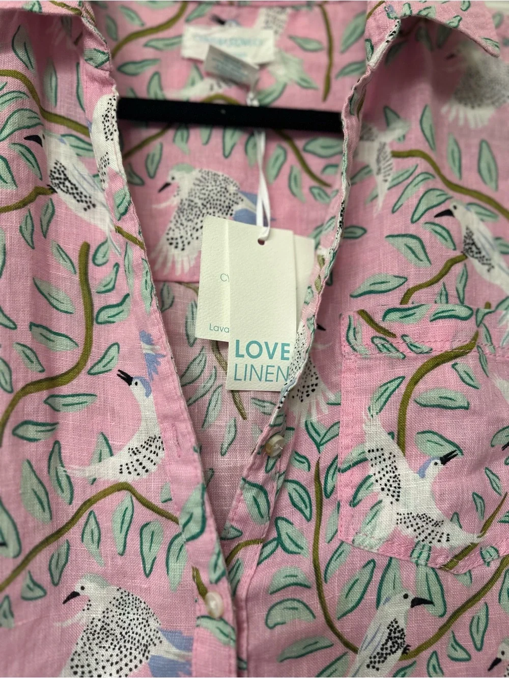 Cynthia Rowley Pink 100% LinenBird Print Button-Down Top - Picture 2 of 9